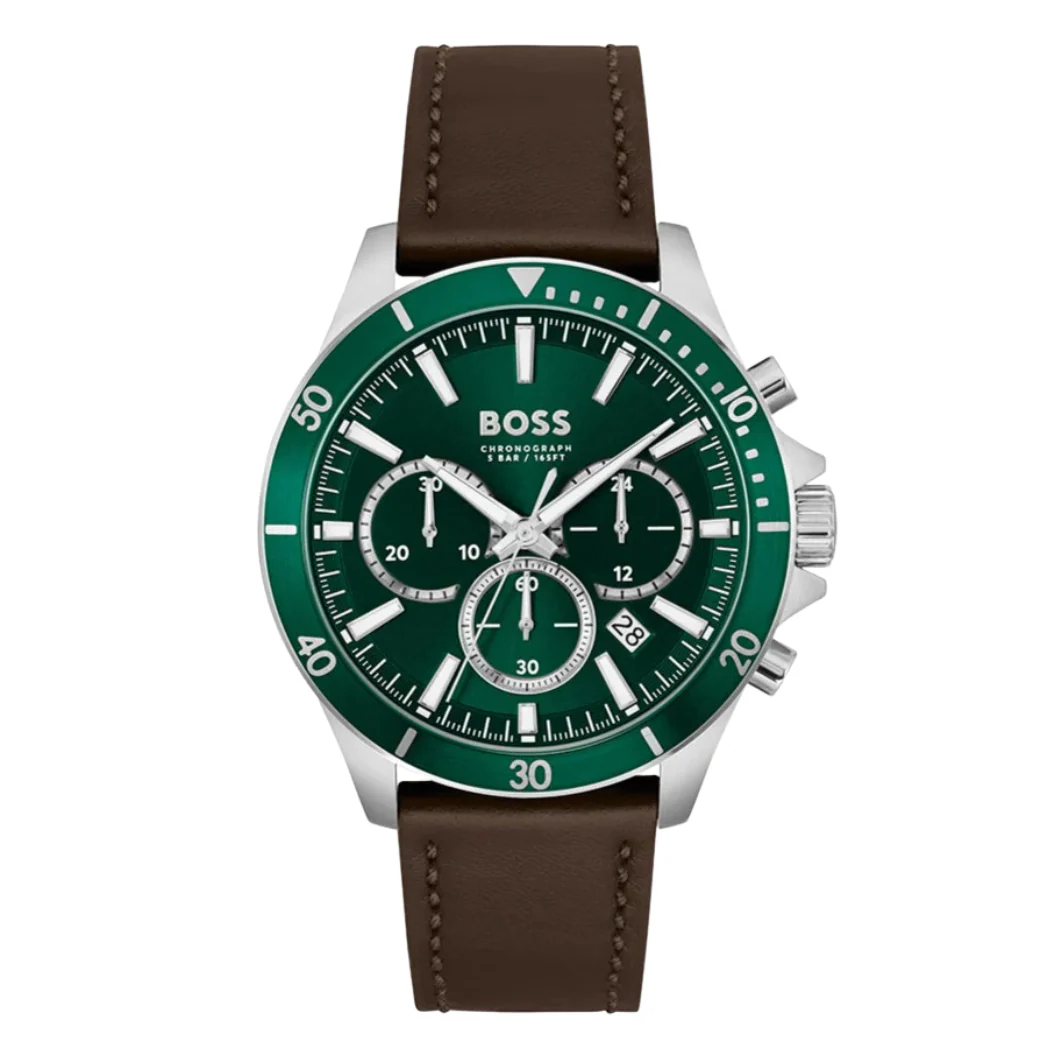 Hugo Boss Troper Brown Leather Strap Green Dial Chronograph Quartz Watch for Gents - 1514098