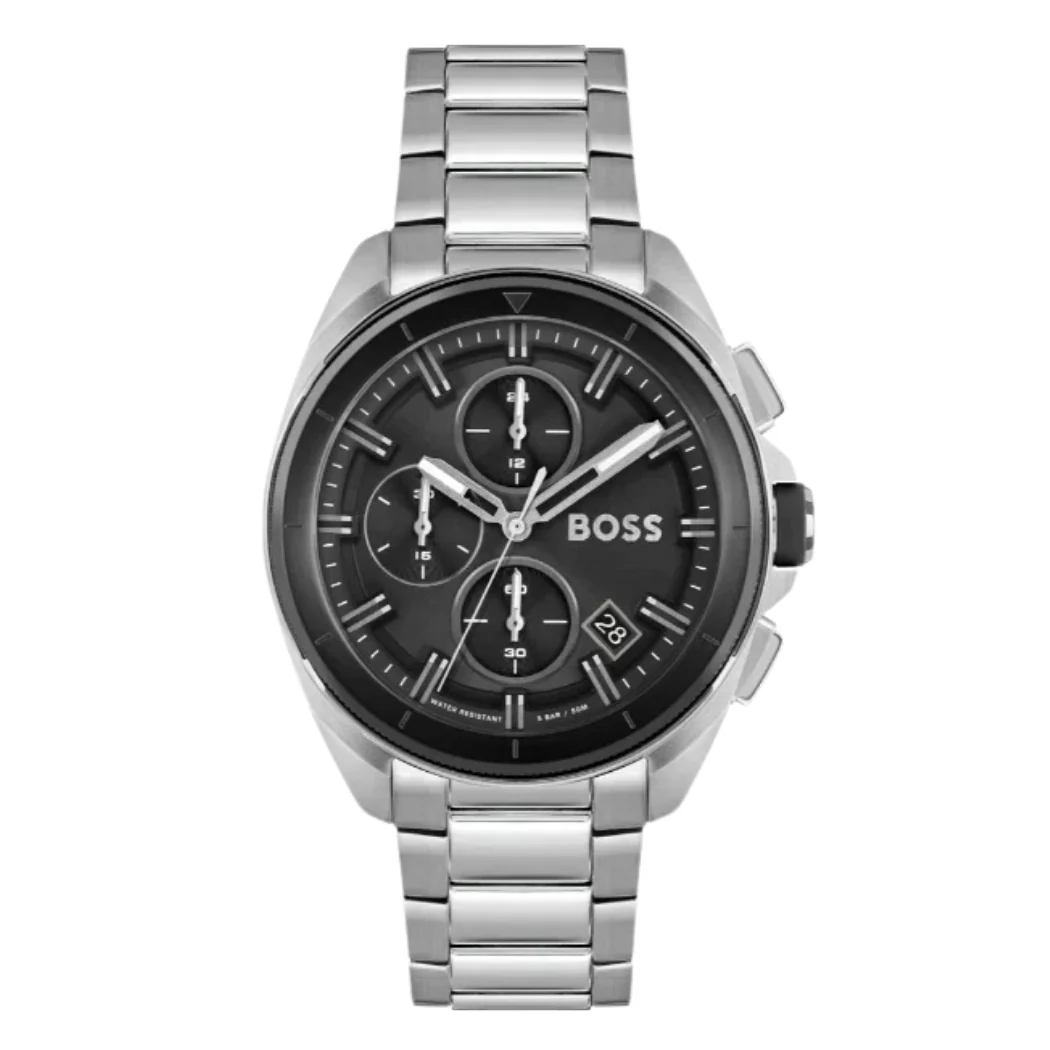 HUGO BOSS Volane Silver Stainless Steel Black Dial Chronograph Quartz Watch for Gents - 1513949