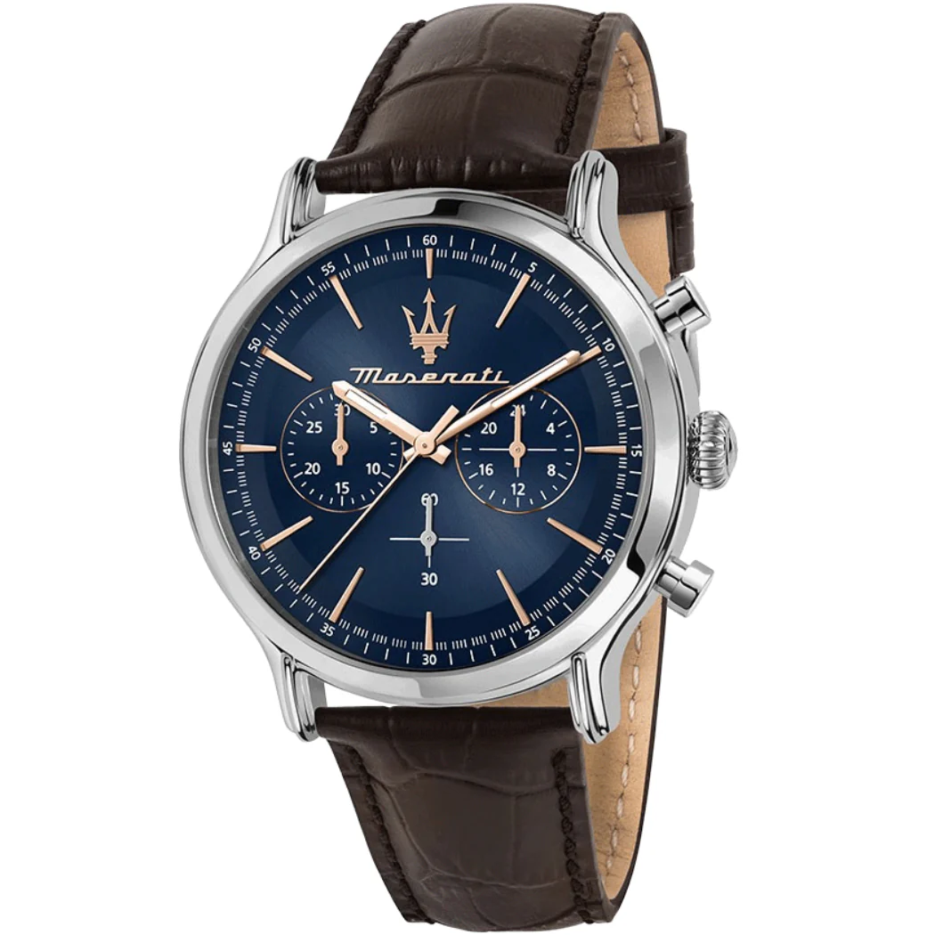 Maserati Epoca Brown Leather Strap Blue Dial Quartz Watch for Gents - R8871618014