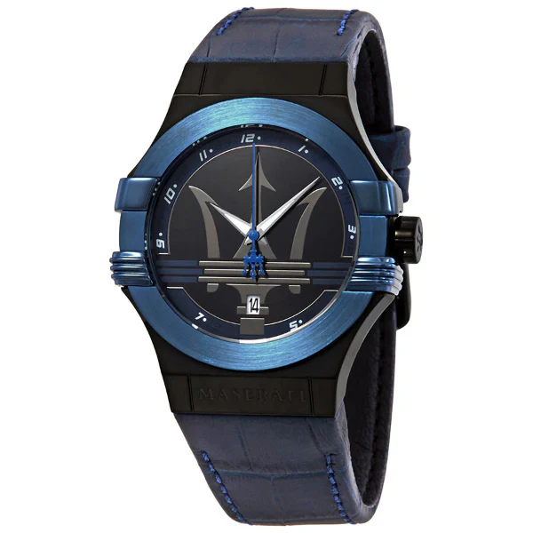 Maserati Potenza Blue Leather Strap Black Dial Quartz Watch for Gents - R8851108007