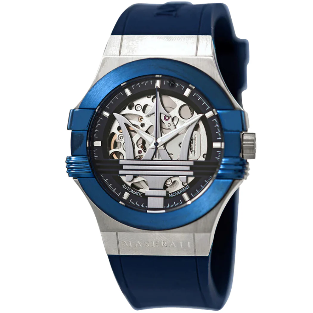 Maserati Potenza Blue Silicone Strap Silver Dial Automatic Watch for Gents - R8821108028