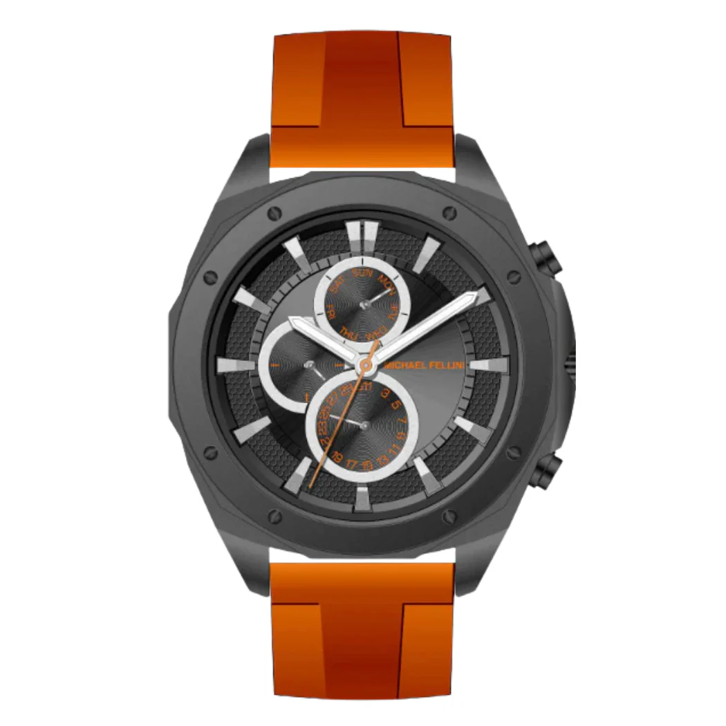 Michael Fellini Orange Silicone Strap Black Dial Chronograph Quartz Watch for Gents - MF-2344-05