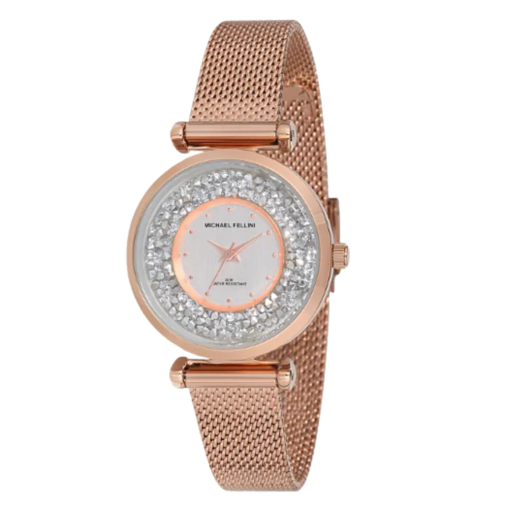 Michael Fellini Rose Gold Mesh Bracelet Silver Dial Quartz Watch for Ladies - MF2234-3