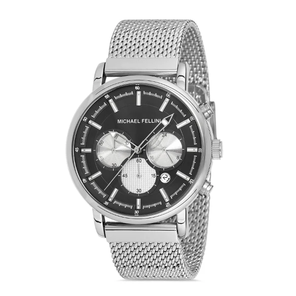 Michael Fellini Silver Mesh Bracelet Black Dial Quartz Watch for Gents - MF2243-3