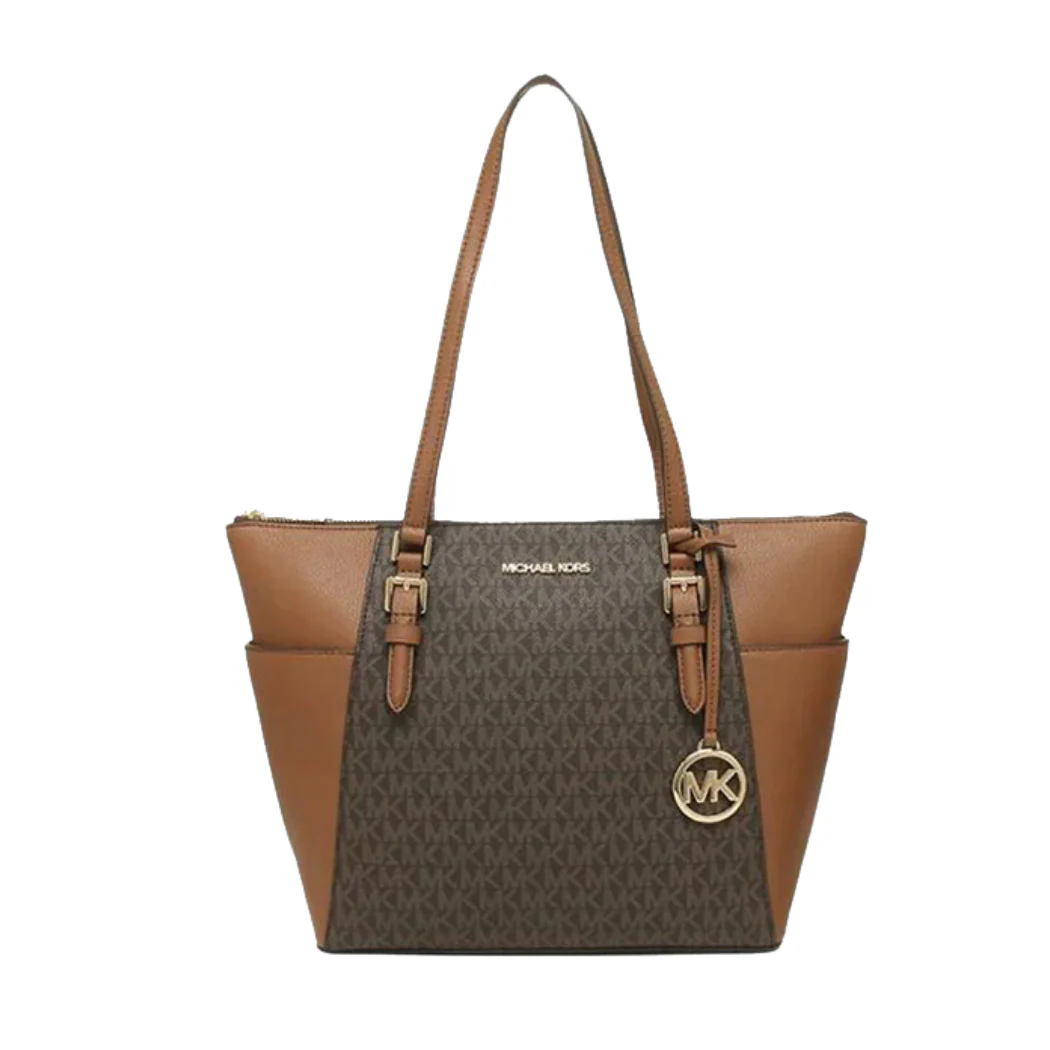Michael Kors Charlotte Large Top-Zip Tote – Brown Monogram Canvas & Leather Trim (Style 35T0GCFT3B)