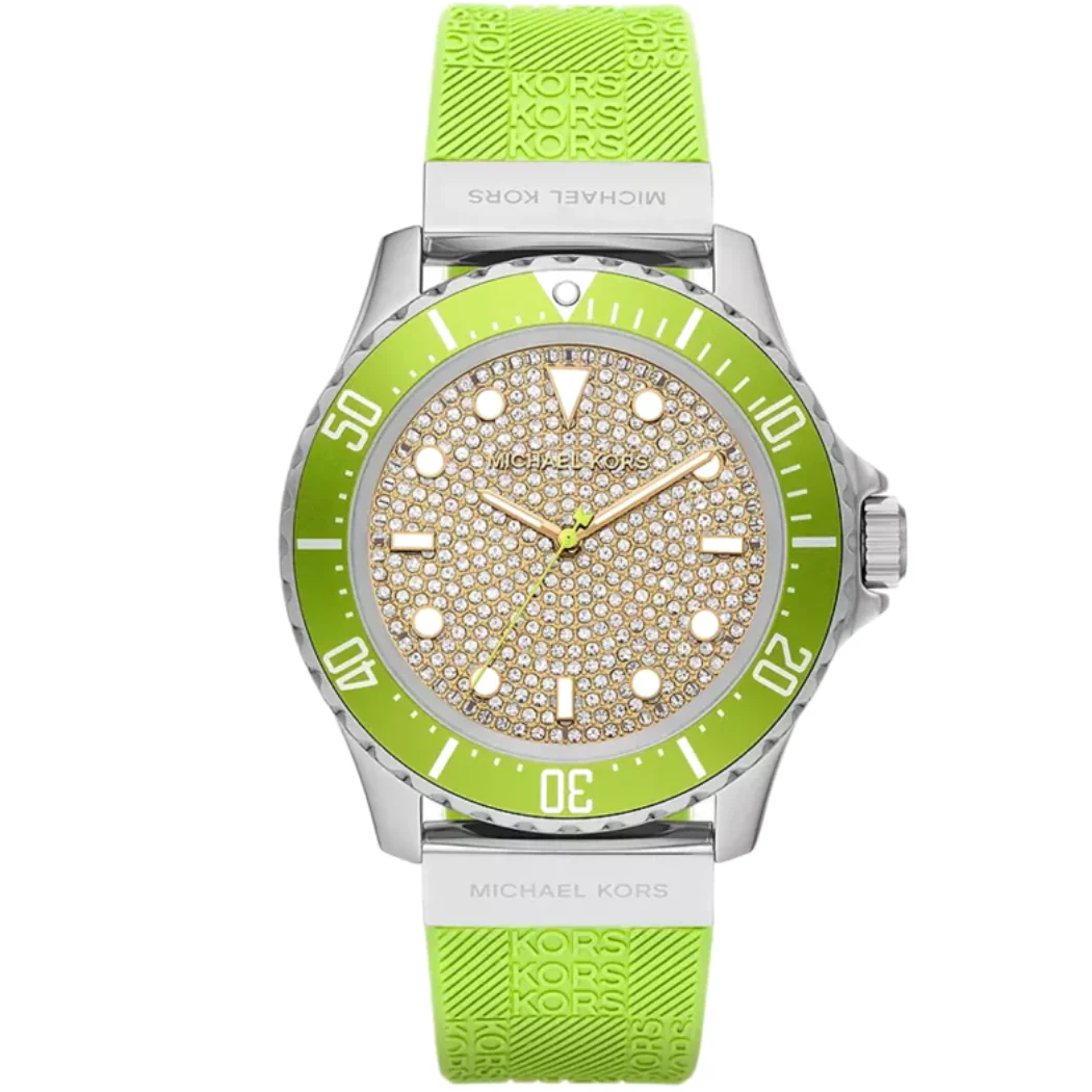 Michael Kors Everest Green Silicone Strap Pave, Rose Gold Dial Quartz Watch for Ladies - MK-7360