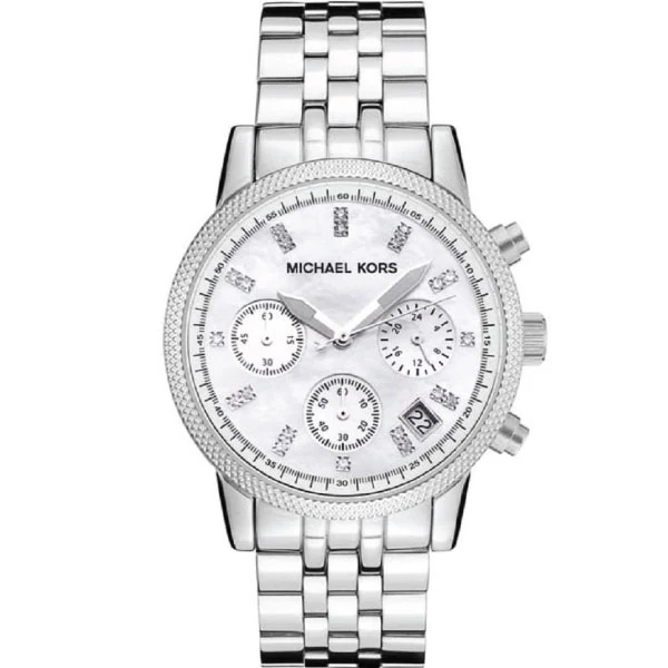 Michael Kors Jet Set Silver Stainless Steel Mother of pearl Dial Chronograph Quartz Watch for Ladies - MK-5020