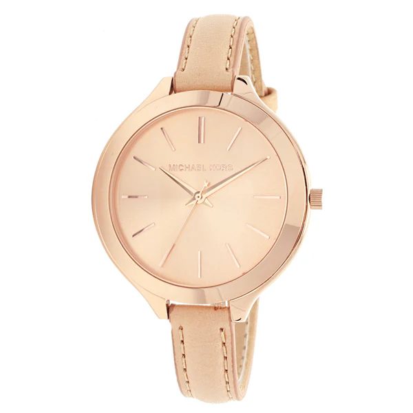Michael Kors Slim Runway Beige Leather Strap Rose Gold Dial Quartz Watch for Ladies - MK-2274