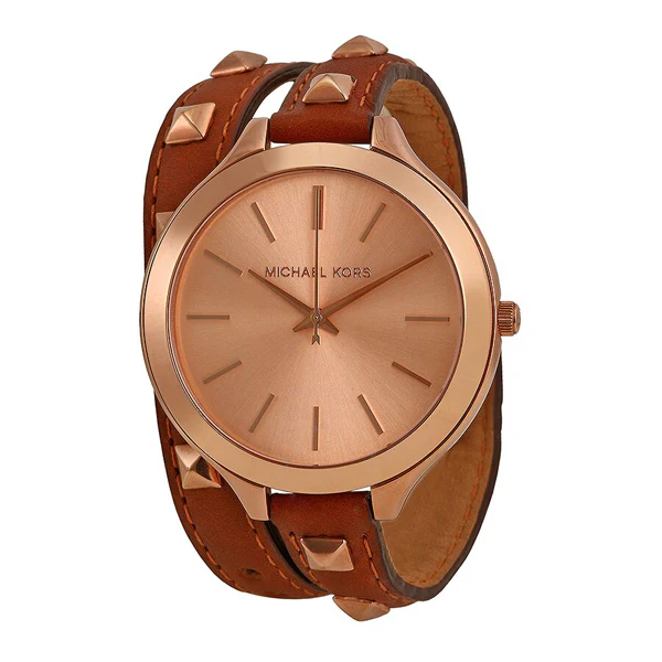 Michael Kors Slim Runway Brown Leather Strap Rose Gold Dial Quartz Watch for Ladies - MK-2299