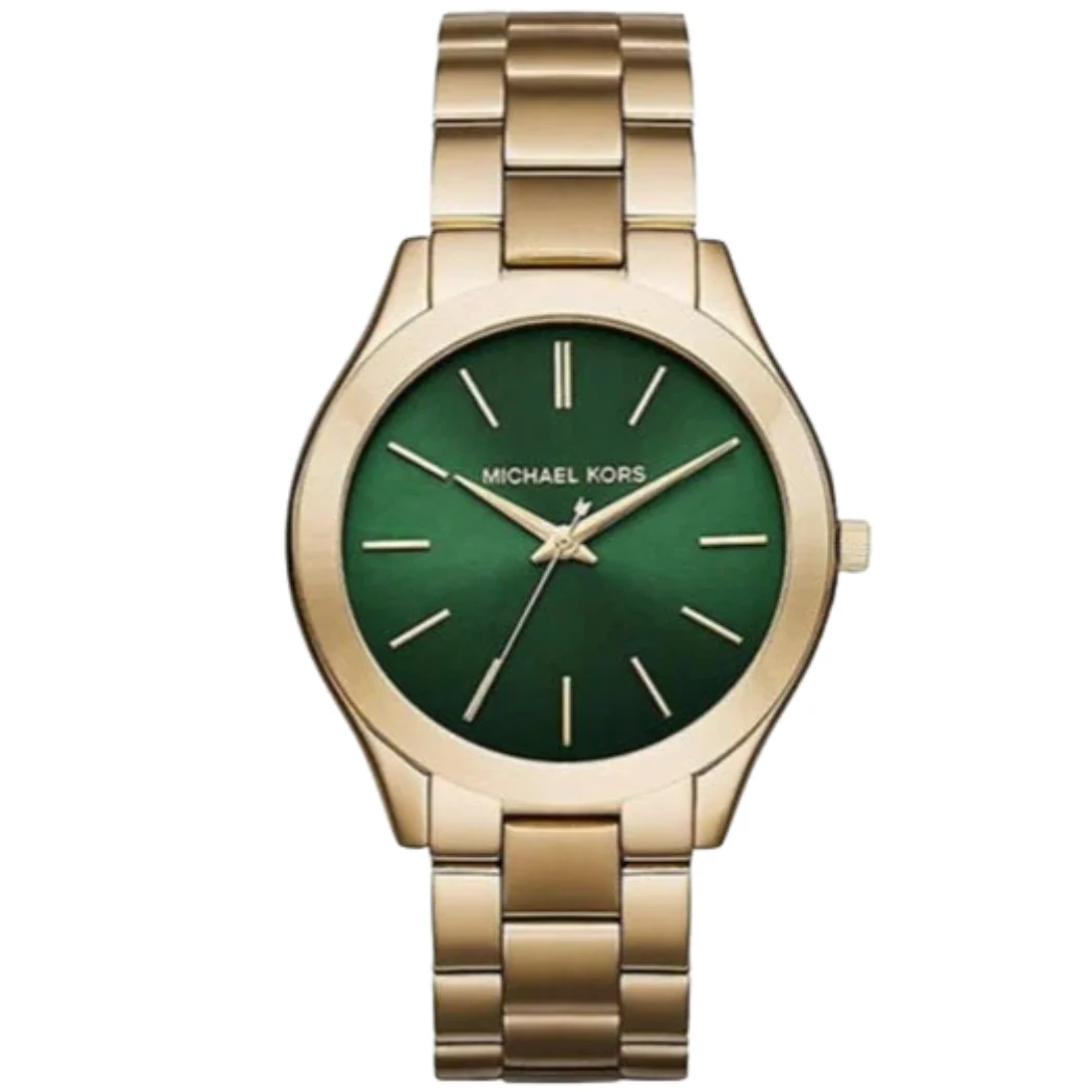 Michael Kors Slim Runway Gold Stainless Steel Green Dial Quartz Watch for Ladies - MK3435