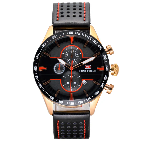 Mini Focus Black Leather Strap Black Dial Chronograph Quartz Watch for Gents - MF0002G-01