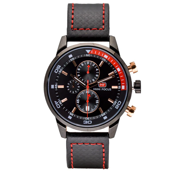 Mini Focus Black Leather Strap Black Dial Chronograph Quartz Watch for Gents - MF0017G-01
