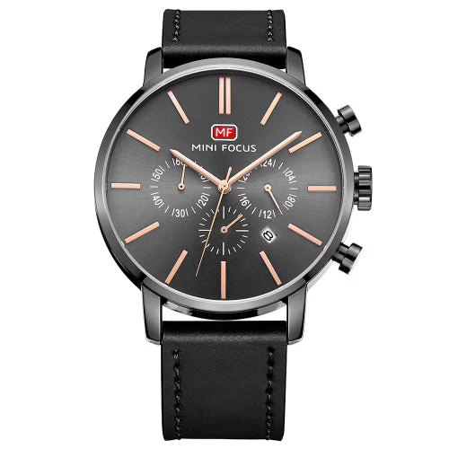Mini Focus Black Leather Strap Black Dial Chronograph Quartz Watch for Gents - MF0023G-02