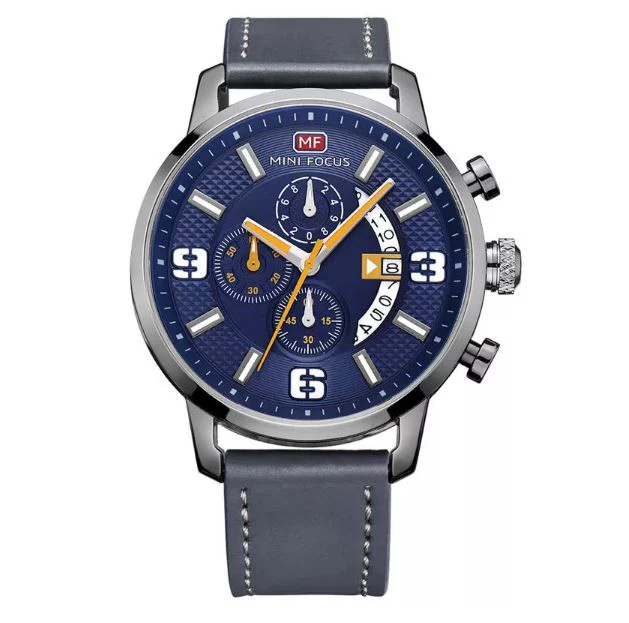 Mini Focus Black Leather Strap Black Dial Chronograph Quartz Watch for Gents - MF0025G-04