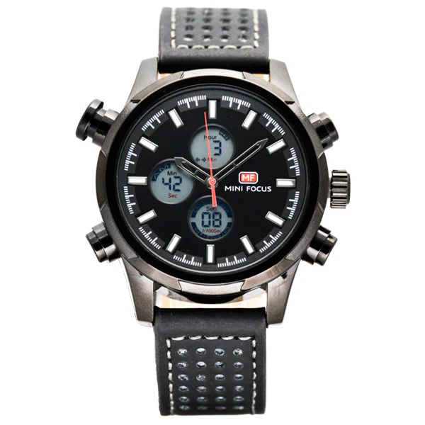 Mini Focus Black Leather Strap Black Dial Chronograph Quartz Watch for Gents - MF0066G-03