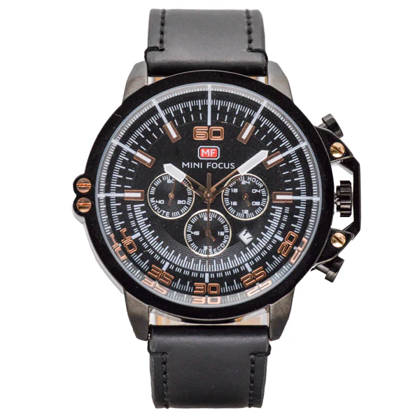 Mini Focus Black Leather Strap Black Dial Chronograph Quartz Watch for Gents - MF0095G-02