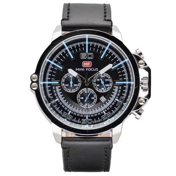 Mini Focus Black Leather Strap Black Dial Chronograph Quartz Watch for Gents - MF0095G-03