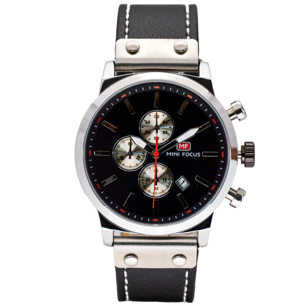 Mini Focus Black Leather Strap Black Dial Chronograph Quartz Watch for Gents - MF0110G-02