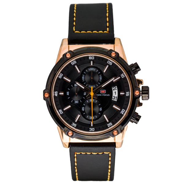 Mini Focus Black Leather Strap Black Dial Chronograph Quartz Watch for Gents - MF0175G-01