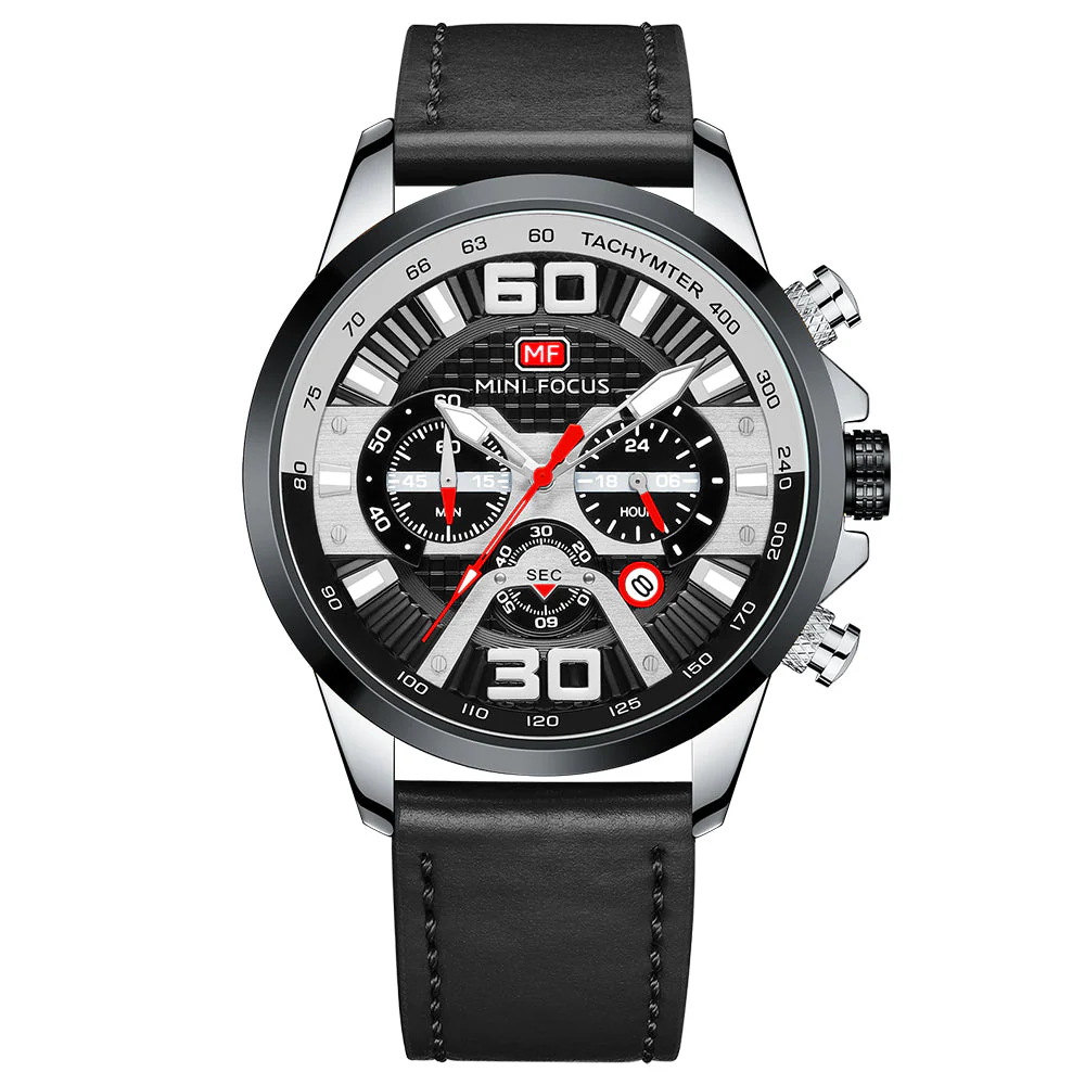 Mini Focus Black Leather Strap Black Dial Chronograph Quartz Watch for Gents - MF0336G-06