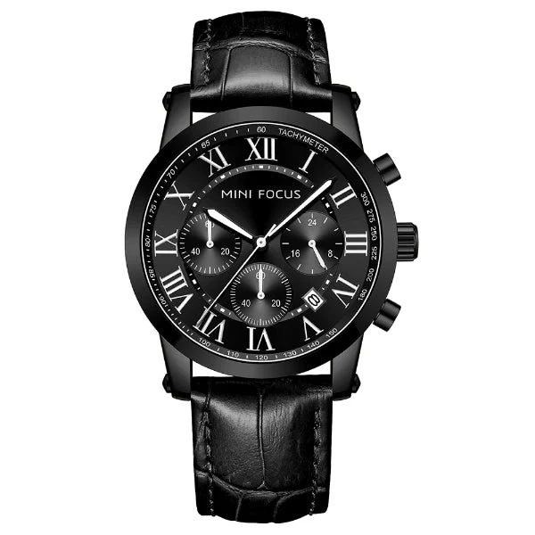 Mini Focus Black Leather Strap Black Dial Chronograph Quartz Watch for Gents - MF0415G-05