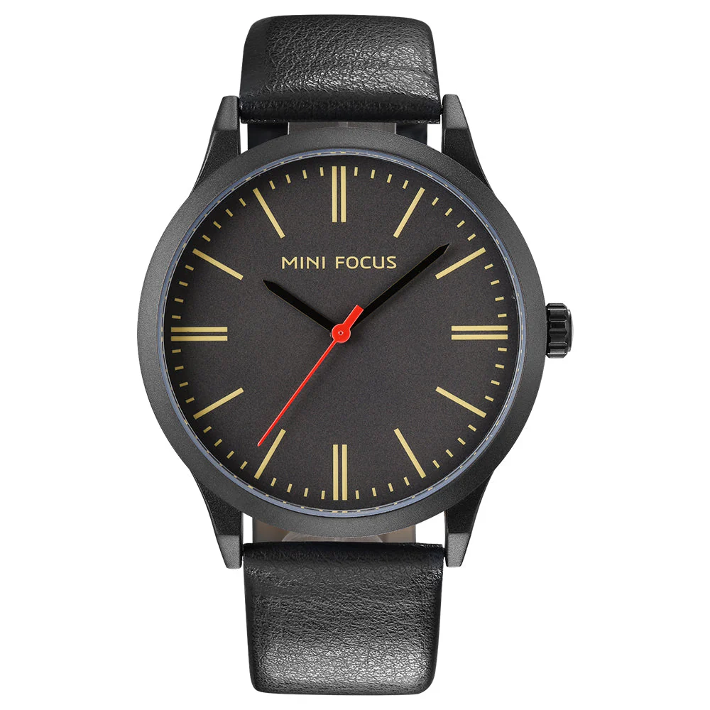 Mini Focus Black Leather Strap Black Dial Quartz Watch for Gents - MF0058G-03