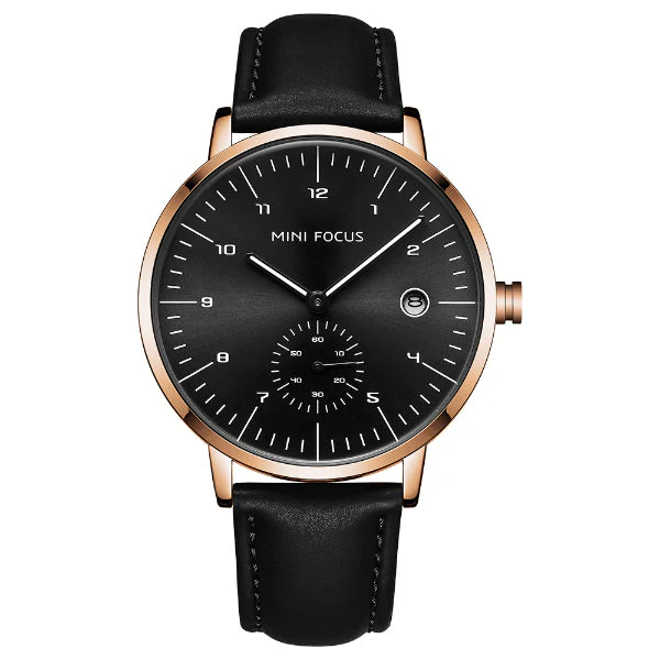 Mini Focus Black Leather Strap Black Dial Quartz Watch for Gents - MF0303G-06