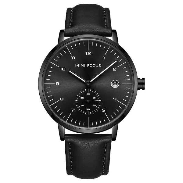 Mini Focus Black Leather Strap Black Dial Quartz Watch for Gents - MF0303G-08