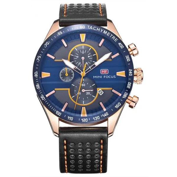 Mini Focus Black Leather Strap Blue Dial Chronograph Quartz Watch for Gents - MF0002G-02