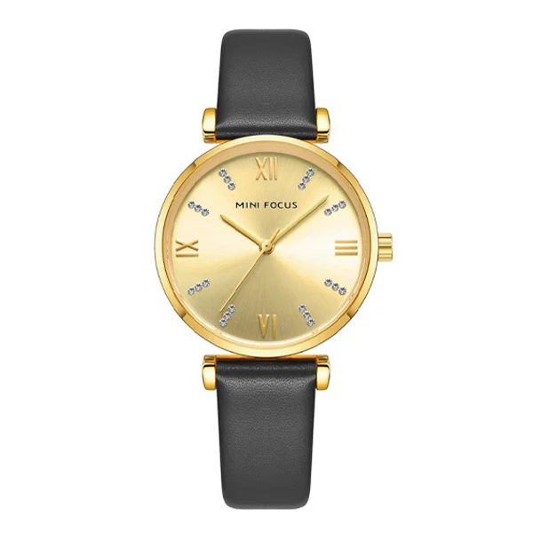 Mini Focus Black Leather Strap Gold Dial Quartz Watch for Ladies - MF0335L-07