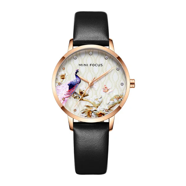 Mini Focus Black Leather Strap Printed Dial Quartz Watch for Ladies - MF0330L-05