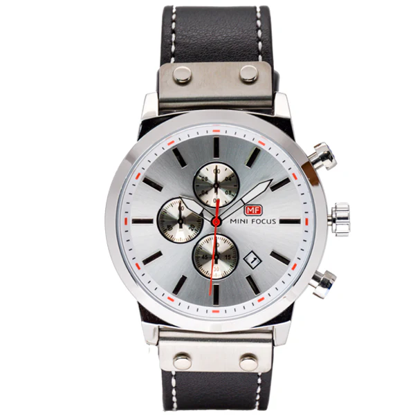 Mini Focus Black Leather Strap Silver Dial Chronograph Quartz Watch for Gents - MF0110G-01