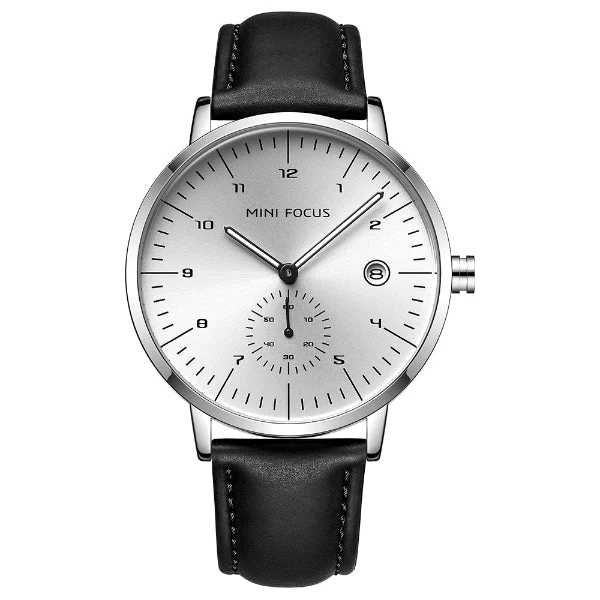 Mini Focus Black Leather Strap Silver Dial Quartz Watch for Gents - MF0303G-05