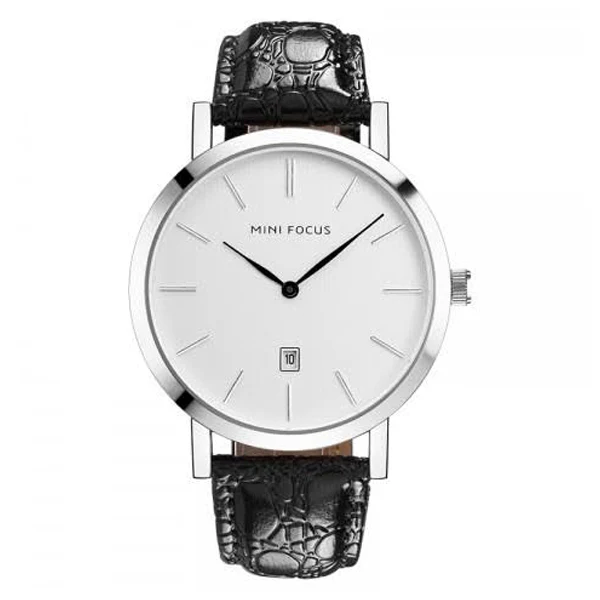 Mini Focus Black Leather Strap White Dial Quartz Watch for Gents - MF0108G-01