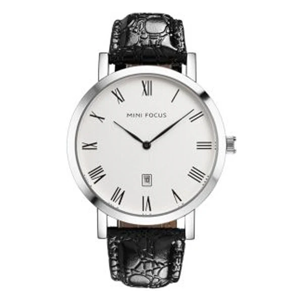 Mini Focus Black Leather Strap White Dial Quartz Watch for Gents - MF0108G-03