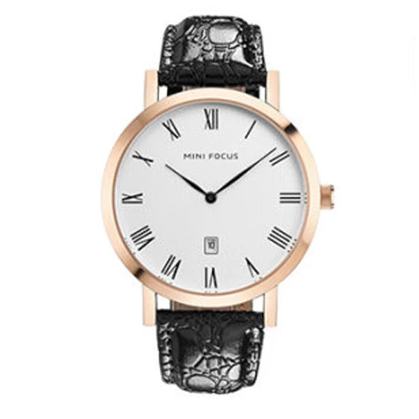 Mini Focus Black Leather Strap White Dial Quartz Watch for Gents - MF0108G-04