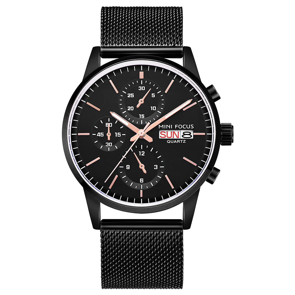 Mini Focus Black Mesh Bracelet Black Dial Chronograph Quartz Watch for Gents - MF0180G-02