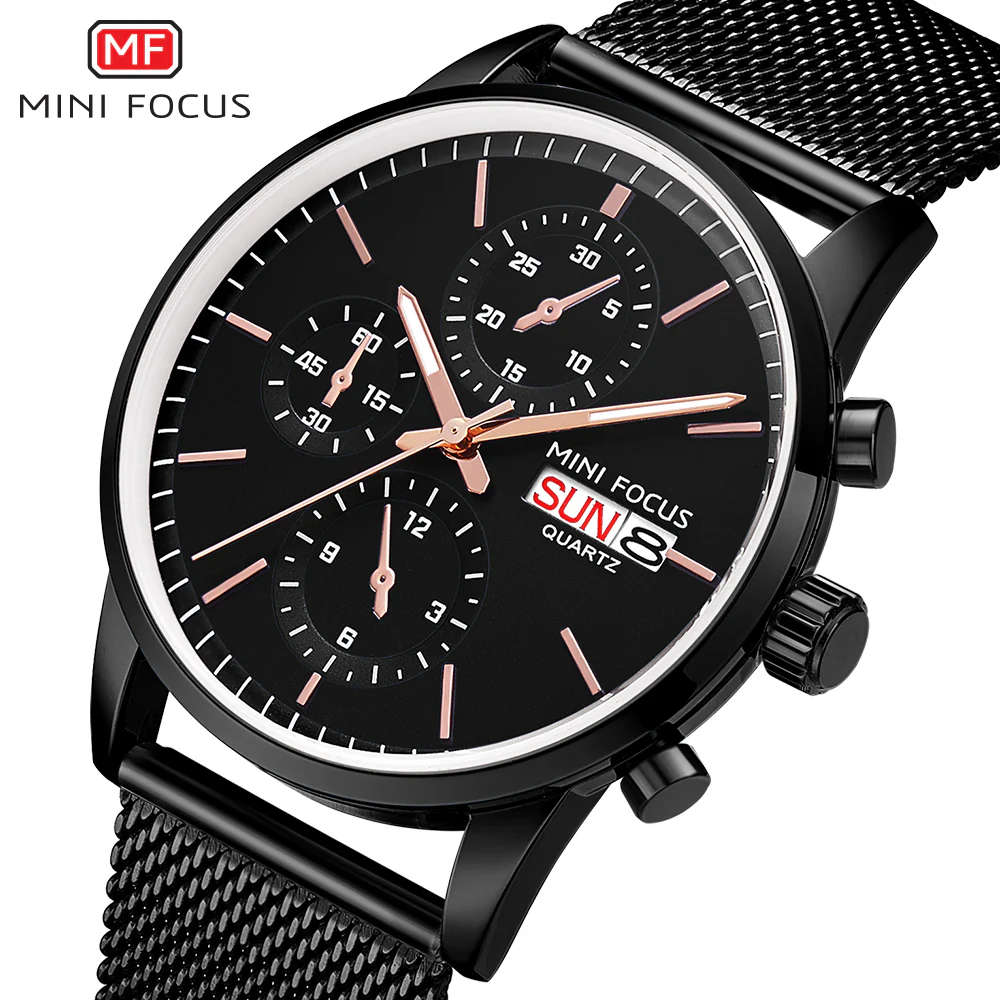 Mini Focus Black Mesh Bracelet Black Dial Chronograph Quartz Watch for Gents - MF0180G-02 - Image 2