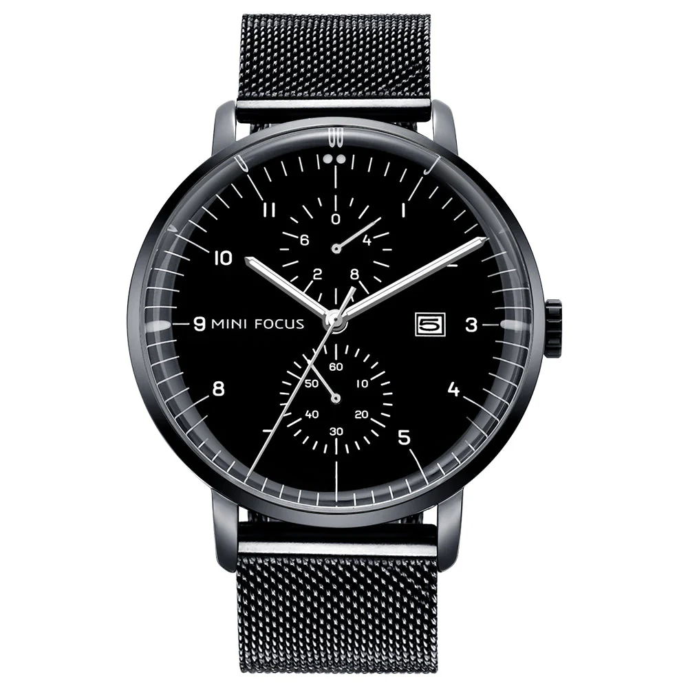 Mini Focus Black Mesh Bracelet Black Dial Quartz Watch for Gents - MF0052G-06