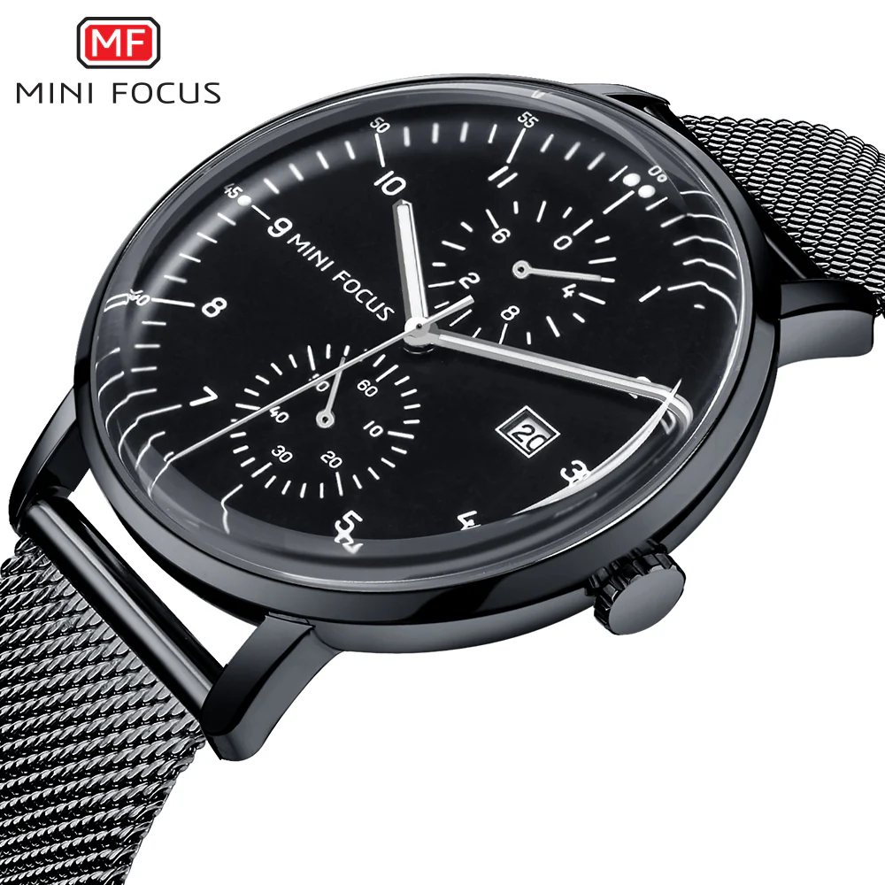 Mini Focus Black Mesh Bracelet Black Dial Quartz Watch for Gents - MF0052G-06 - Image 2