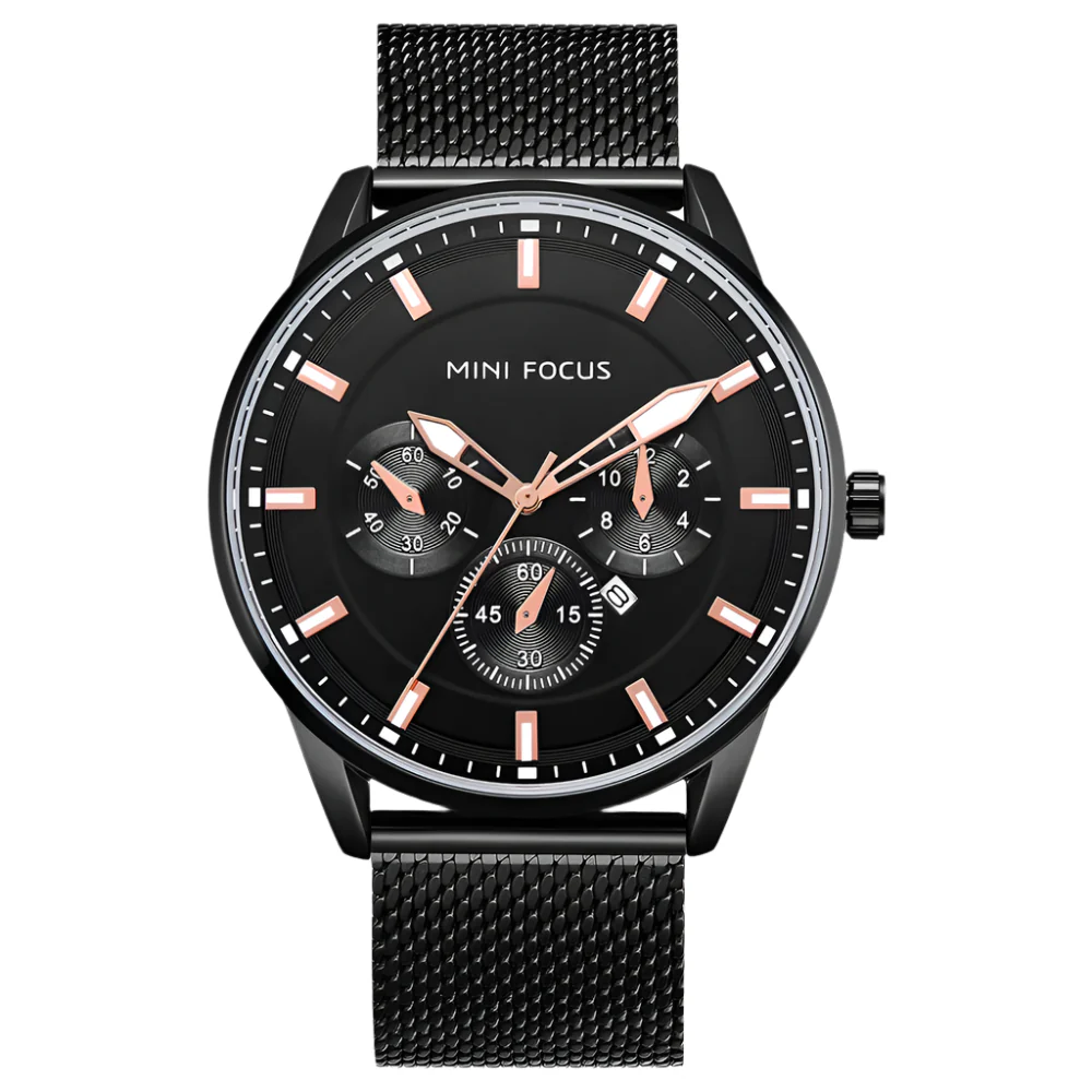 Mini Focus Black Mesh Bracelet Black Dial Quartz Watch for Gents - MF0178G-02