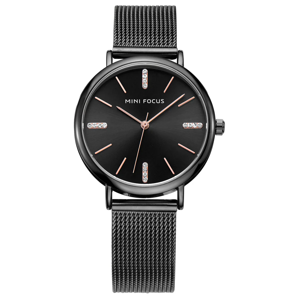 Mini Focus Black Mesh Bracelet Black Dial Quartz Watch for Ladies - MF0036L-03