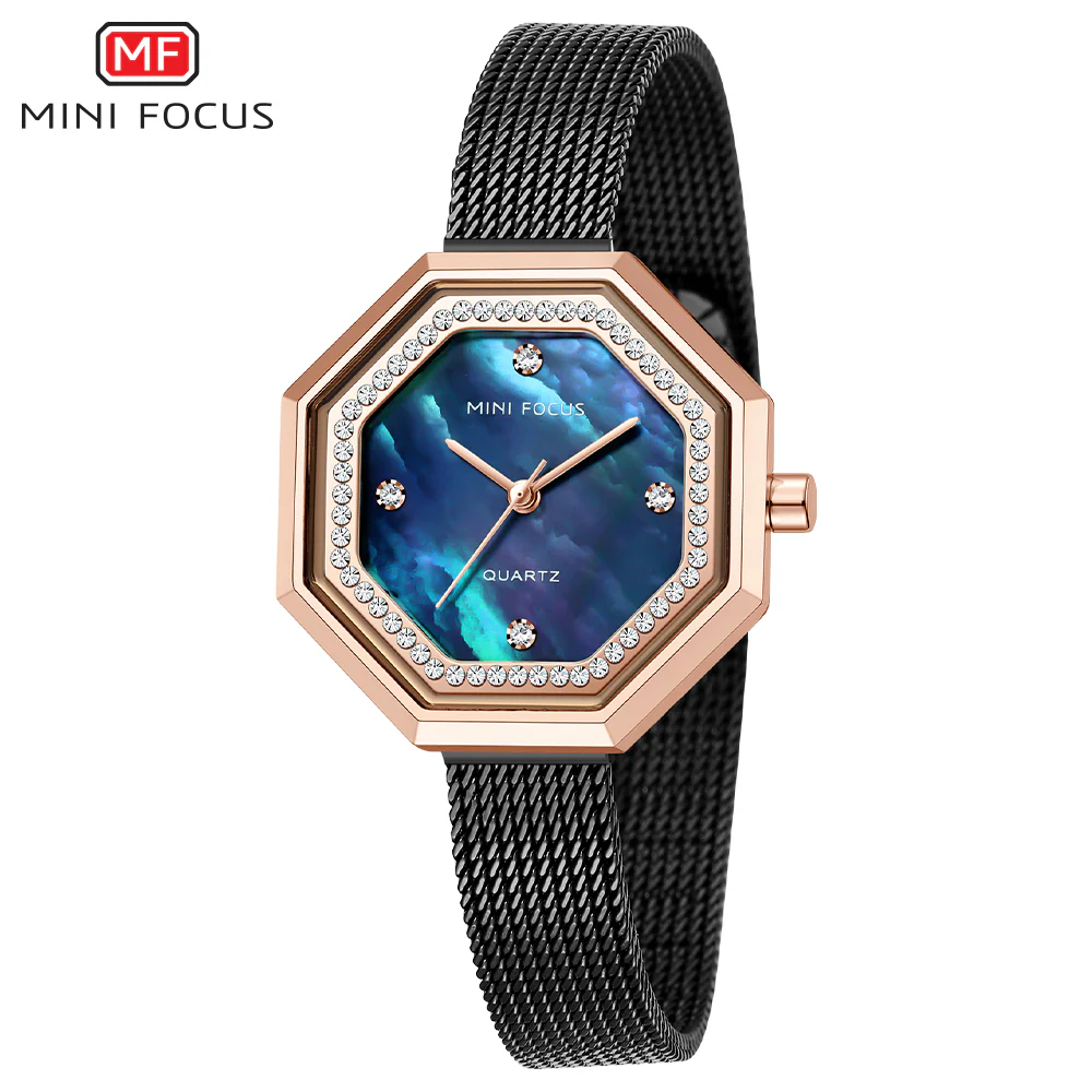 Mini Focus Black Mesh Bracelet Mother Of Pearl Dial Quartz Watch for Ladies - MF0304L-05 - Image 2