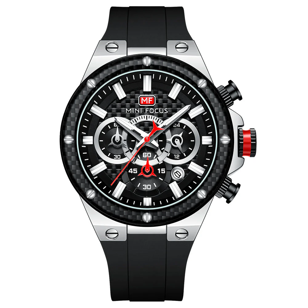 Mini Focus Black Silicone Strap Black Dial Chronograh Quartz Watch for Gents - MF0468G-01