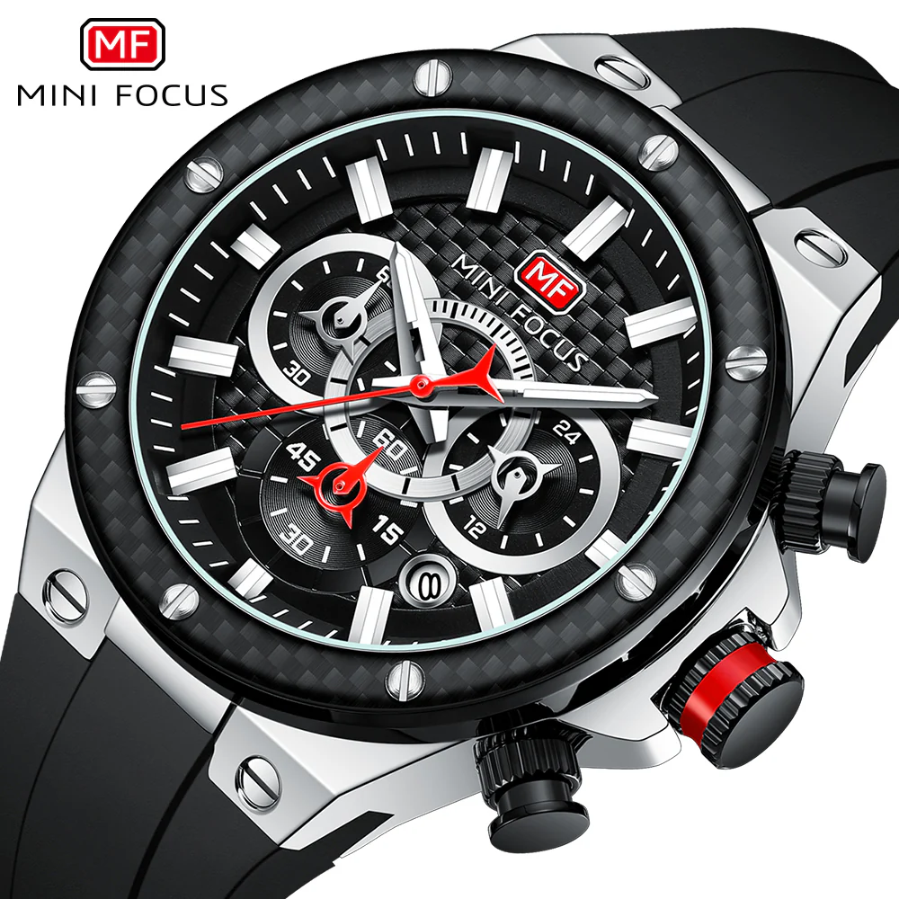 Mini Focus Black Silicone Strap Black Dial Chronograh Quartz Watch for Gents - MF0468G-01 - Image 2
