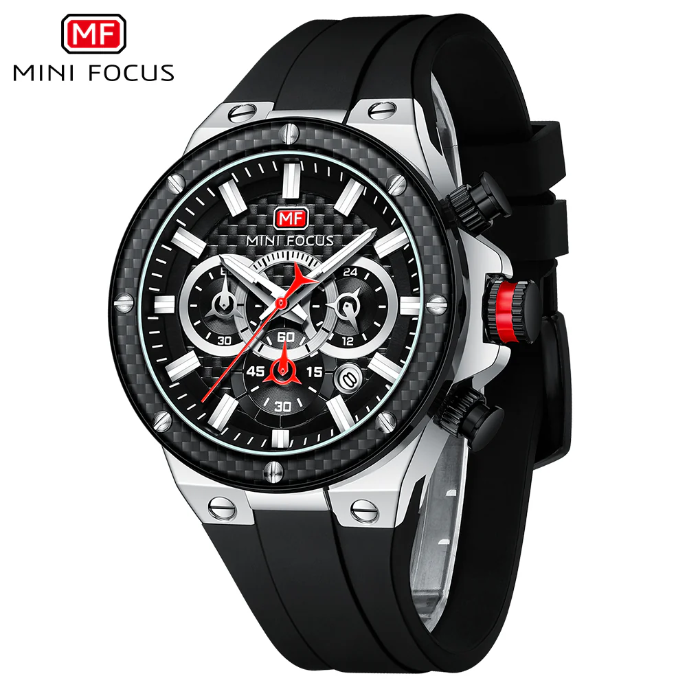 Mini Focus Black Silicone Strap Black Dial Chronograh Quartz Watch for Gents - MF0468G-01 - Image 3