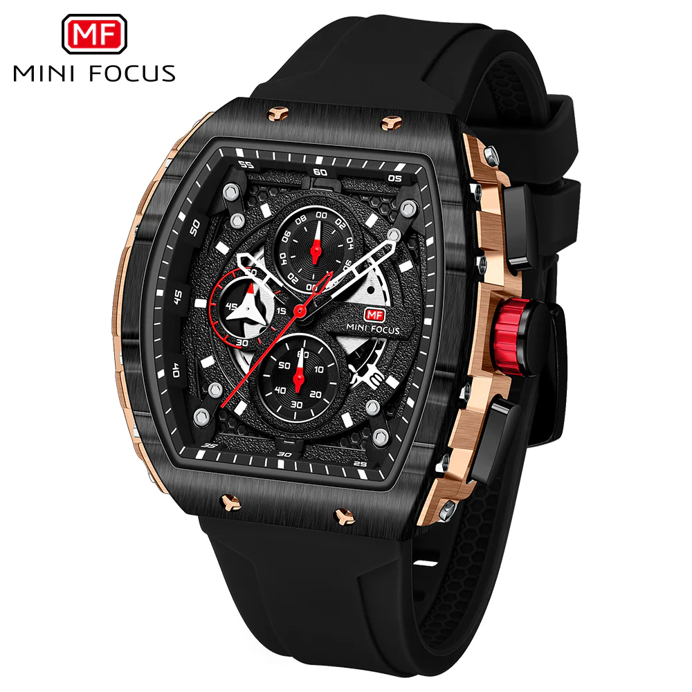 Mini Focus Black Silicone Strap Black Dial Chronograph Quartz Watch for Gents - MF0399G-03 - Image 2