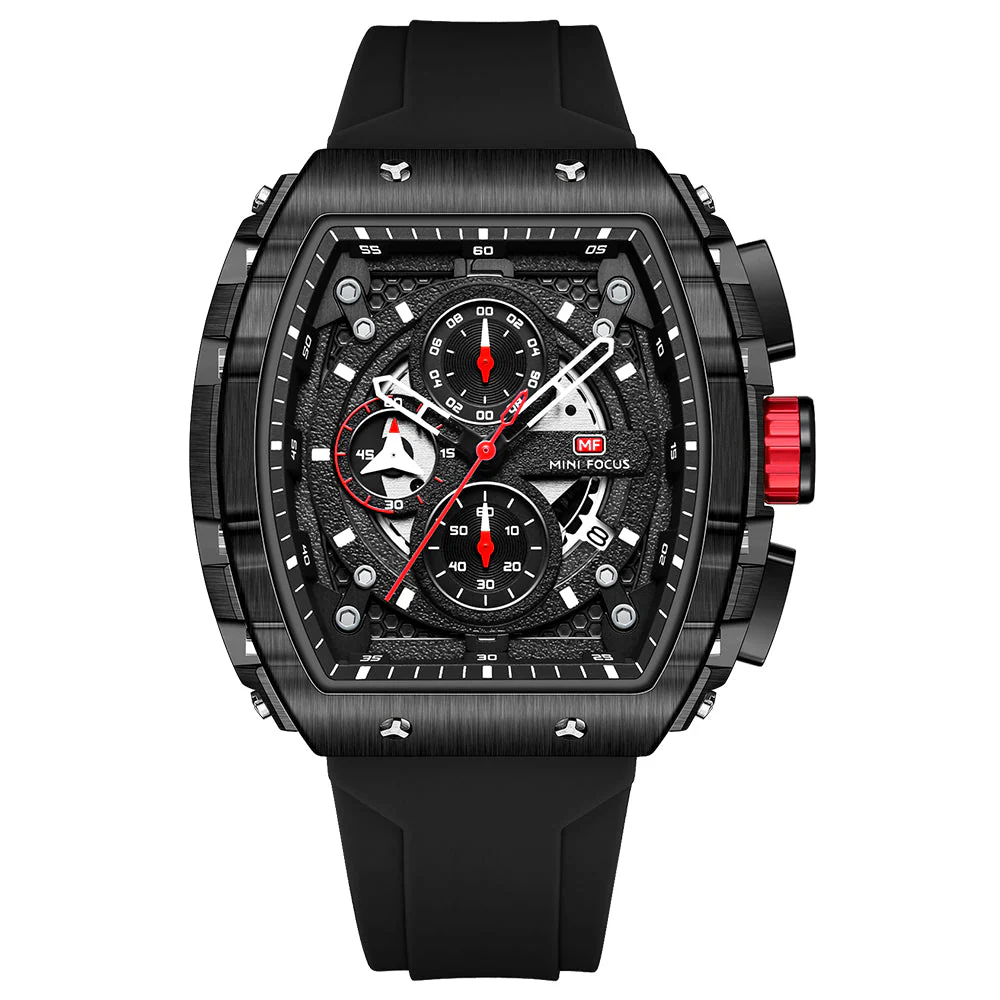 Mini Focus Black Silicone Strap Black Dial Chronograph Quartz Watch for Gents - MF0399G-05