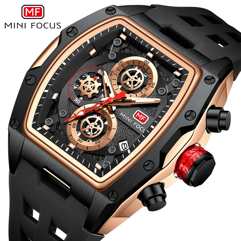 Mini Focus Black Silicone Strap Black Dial Chronograph Quartz Watch for Gents - MF0473G-01 - Image 3