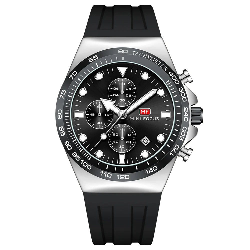 Mini Focus Black Silicone Strap Black Dial Chronograph Quartz Watch for Gents - MF0488G-01